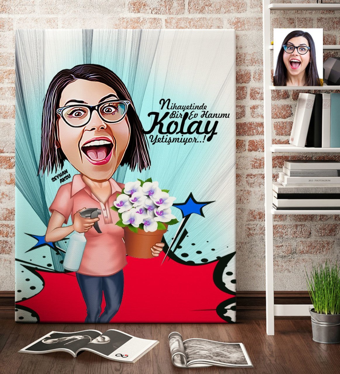 Kişiye Özel Ev Hanımı Karikatür Kanvas Tablo (70 x 100 cm.) 2