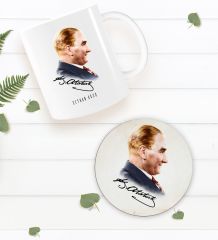 BK Gift Kişiye Özel Atatürk Temalı Beyaz Kupa Bardak ve Yuvarlak Ahşap Bardak Altlığı Hediye Seti -11