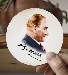 BK Gift Kişiye Özel Atatürk Temalı Beyaz Kupa Bardak ve Yuvarlak Ahşap Bardak Altlığı Hediye Seti -11