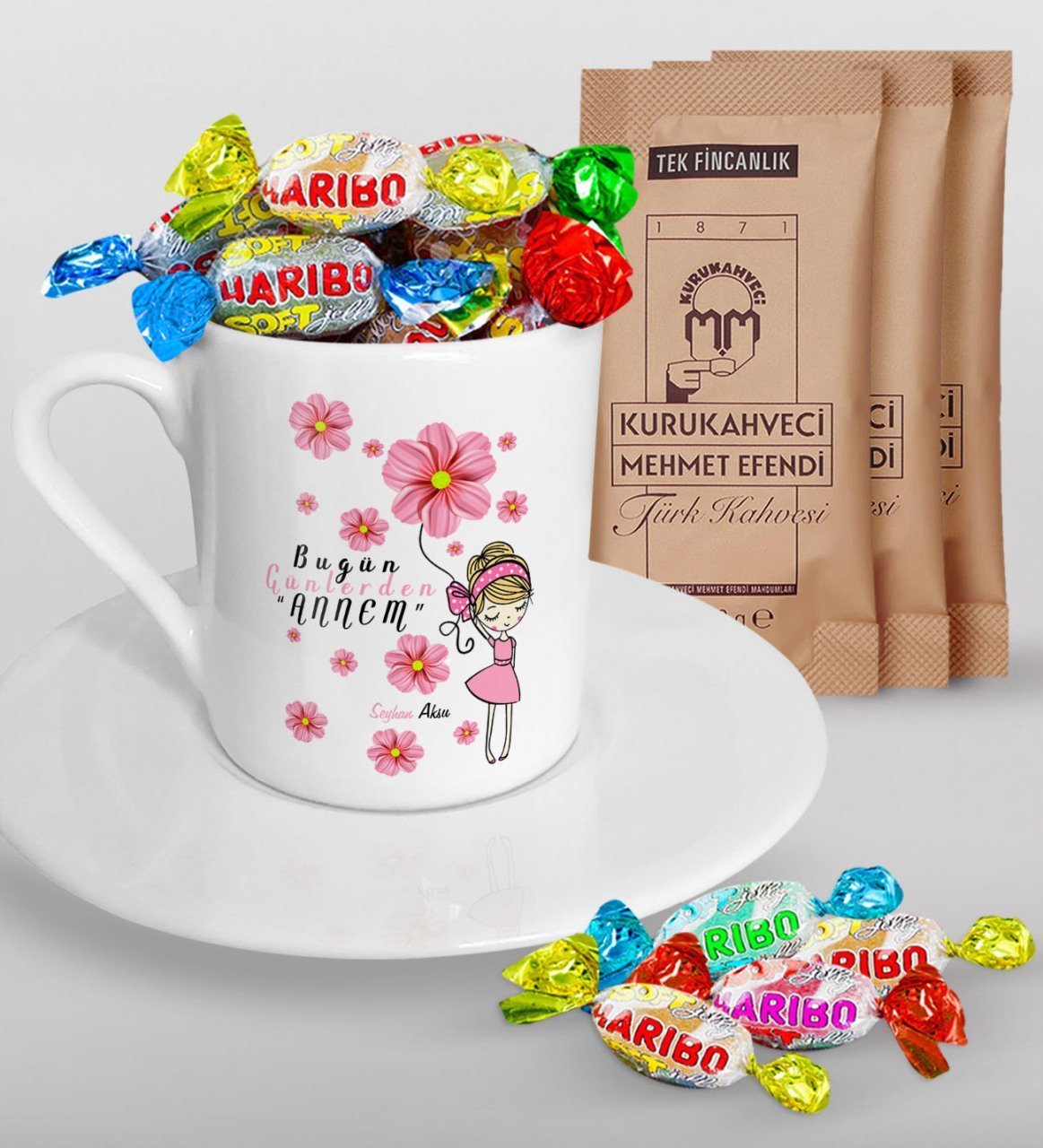 Kişiye Özel Bugün Günlerden Annem Tasarımlı Türk Kahvesi Fincanı Mehmet Efendi Kahve ve Haribo Şeker Hediye Seti-2