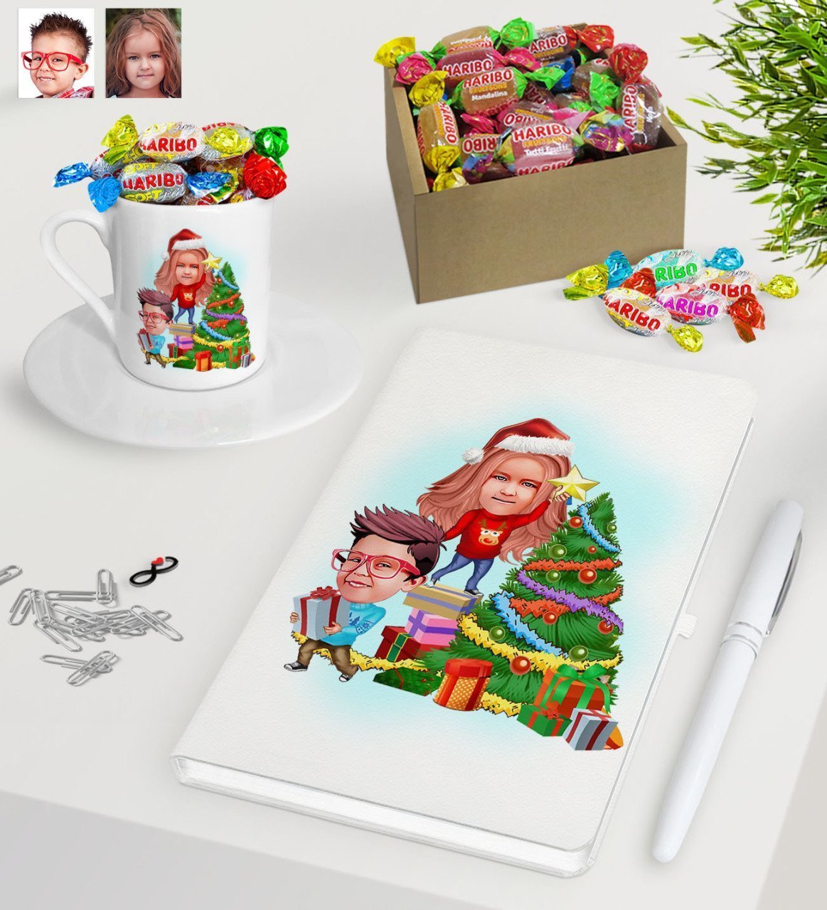 Kişiye Özel Yeni Yıl Kız Kardeş ve Erkek Kardeş Karikatürlü Beyaz Defter Kalem Türk Kahvesi Fincanı ve Kutulu Haribo Şeker Hediye Seti-1