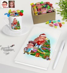 Kişiye Özel Yeni Yıl Kız Kardeş ve Erkek Kardeş Karikatürlü Beyaz Defter Kalem Türk Kahvesi Fincanı ve Kutulu Haribo Şeker Hediye Seti-1