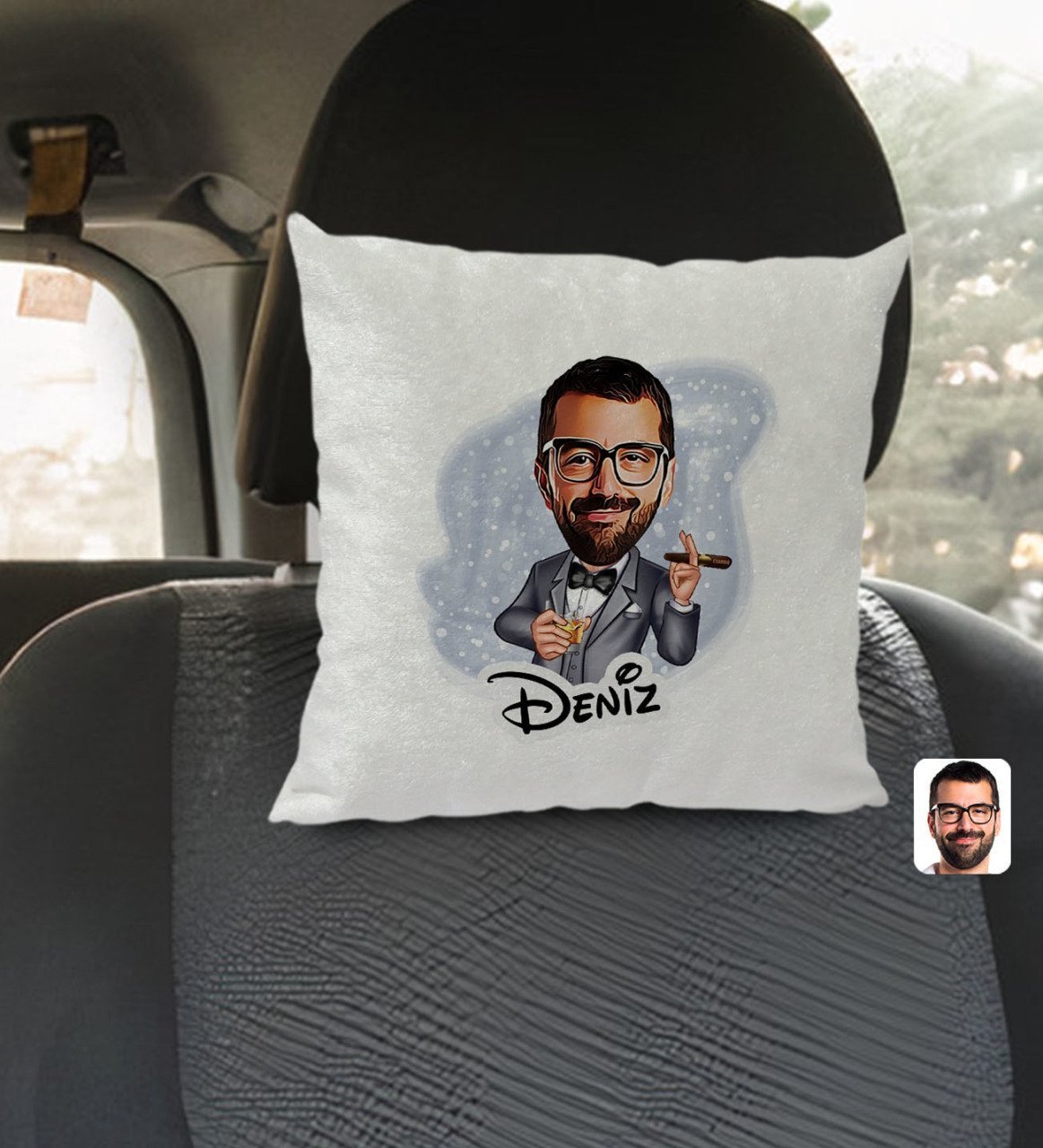 Kişiye Özel İsimli Erkek Patron Karikatürlü Kare Araç Koltuk Yastığı-3