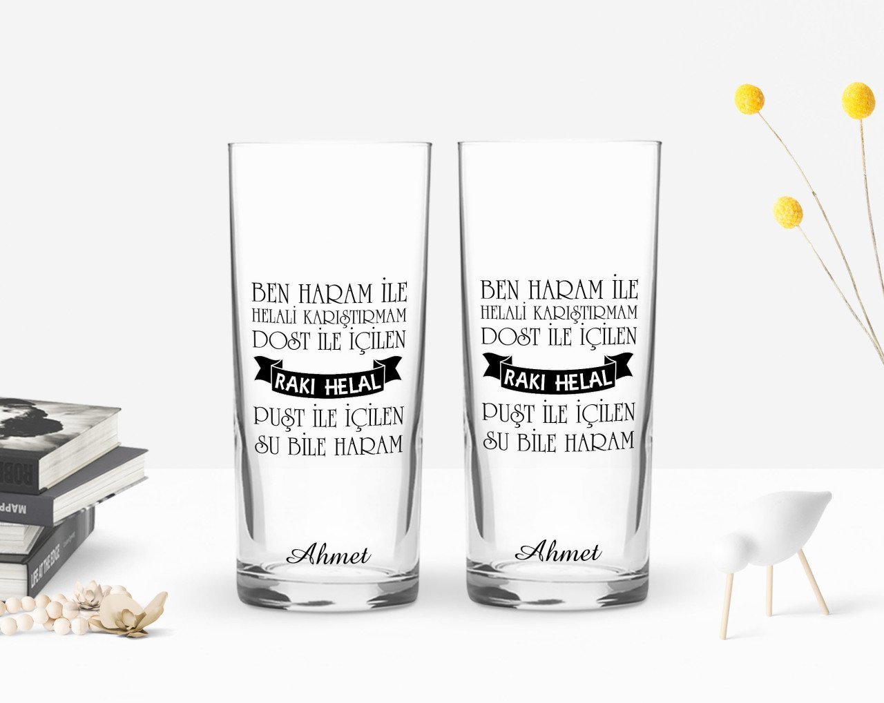 Kişiye Özel Renkli Baskılı Haram İle Helali Karıştırmam Tasarımlı İkili Rakı Bardağı Seti-1