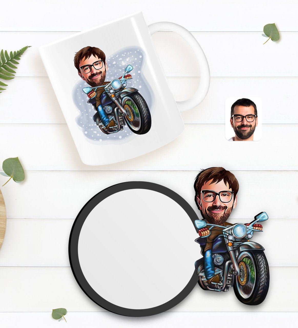 Kişiye Özel Erkek Motorcu Karikatürlü Beyaz Kupa ve Ahşap Bardak Altlığı Hediye Seti-2