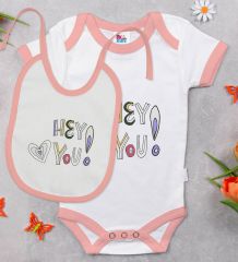 BK Kids Hey You Tasarımlı Pembe Bebek Body Zıbın ve Mama Önlüğü Hediye Seti-1