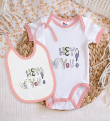 BK Kids Hey You Tasarımlı Pembe Bebek Body Zıbın ve Mama Önlüğü Hediye Seti-1