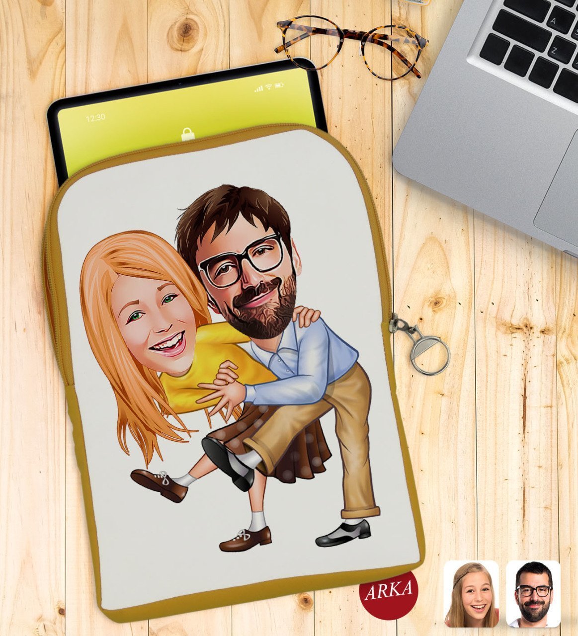 Kişiye Özel Sevgililer Karikatürlü Taşınabilir Koruyucu Tablet Kılıfı & Organizer Çanta - Sarı-102