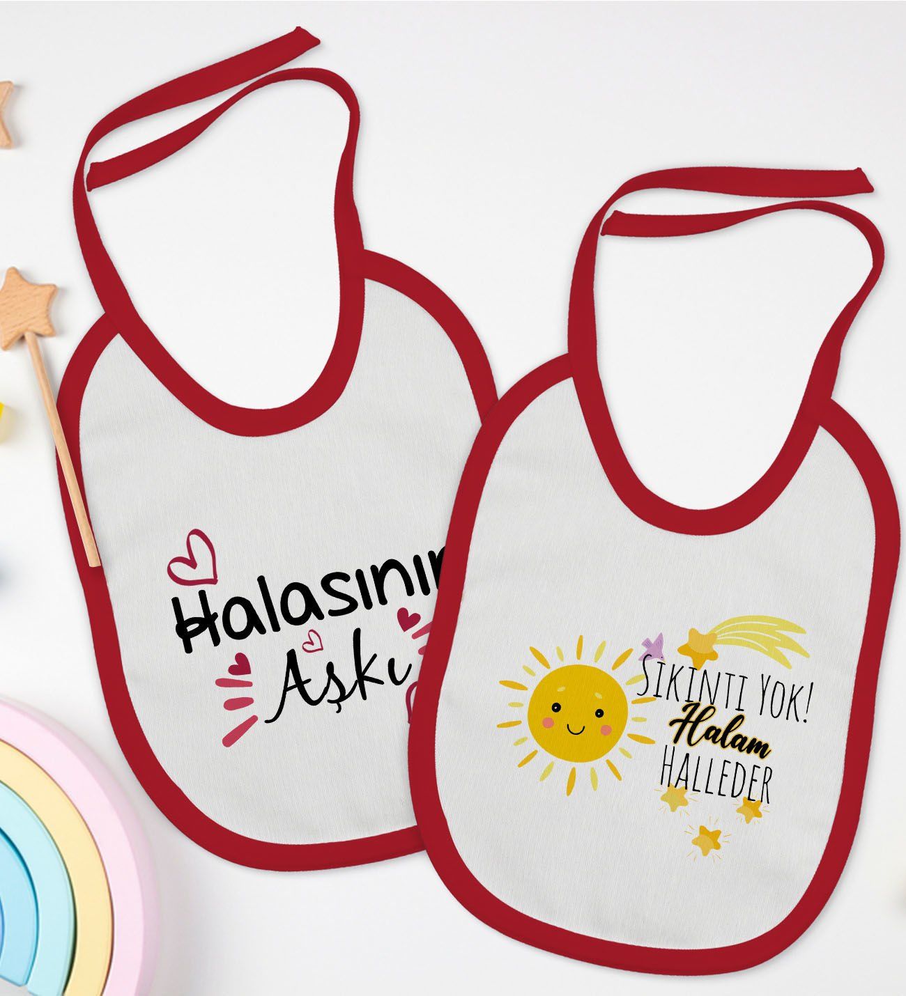 BK Kids Hala Tasarımlı 2’li Kırmızı Mama Önlüğü-2