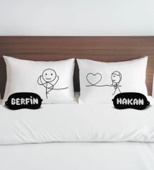 BK Gift Kişiye Özel Sevgili Tasarımlı Pamuklu Yastık Kılıfı ve Göz Bandı Çift Uyku Seti-4, Tasarım Ev Tekstili, Uyku Bandı, Ev Hediyesi