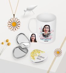 Kadınlara Özel Karikatürlü Kupa Çiçekli Ayna Papatya Kolye Bileklik Seti - 6