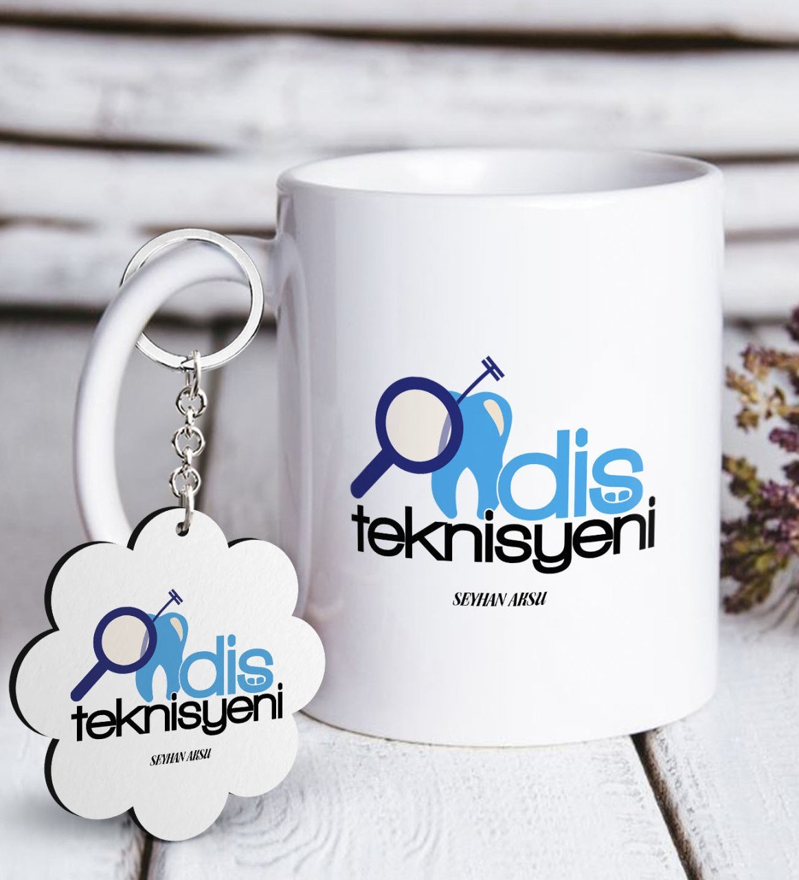 Kişiye Özel Mesleki Diş Teknisyeni Beyaz Kupa ve Anahtarlık Hediye Seti