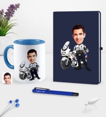 Kişiye Özel Bay Yunus Polis Karikatürlü Lacivert Defter Kalem Kupa Seti