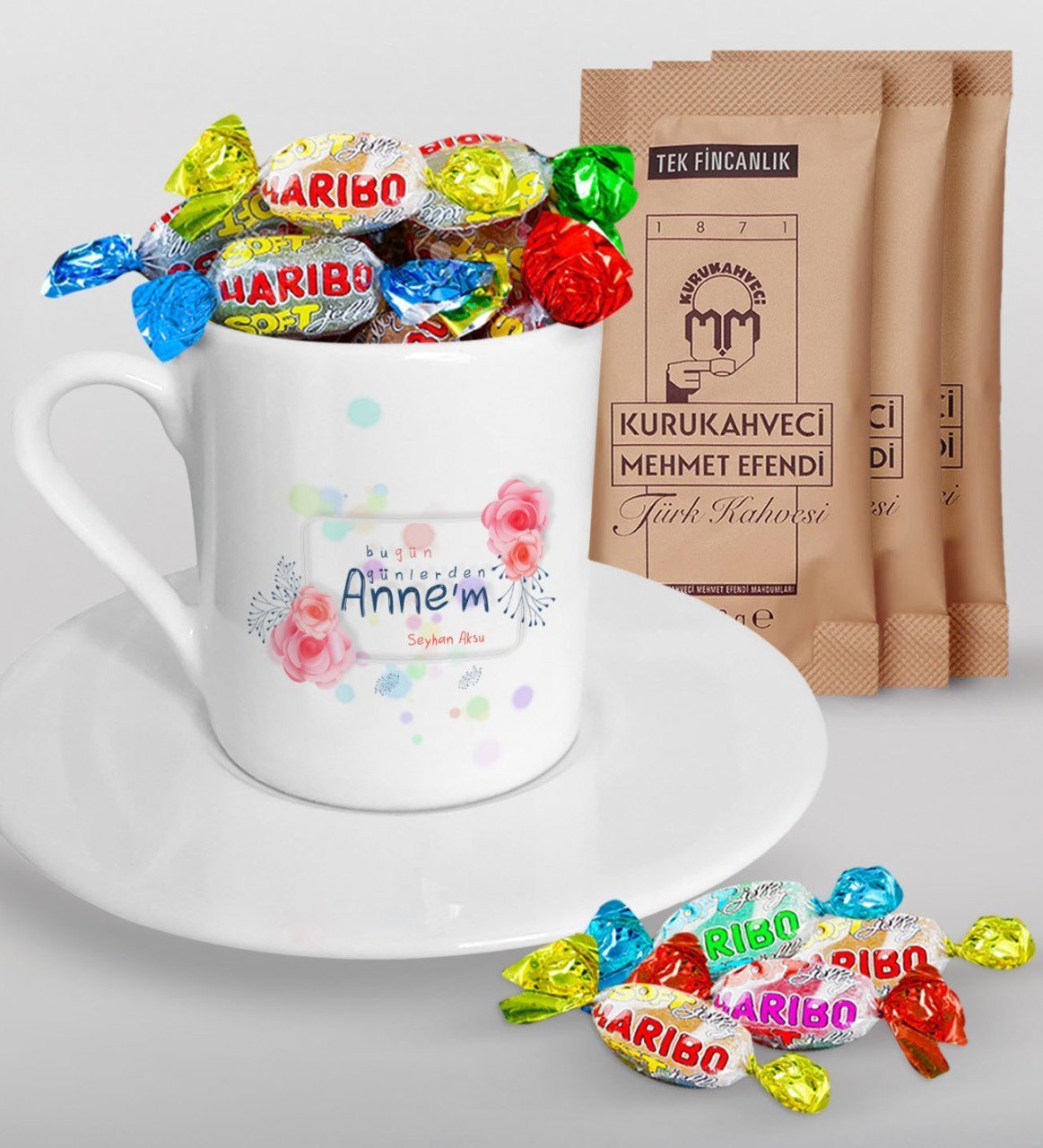 Kişiye Özel Bugün Günlerden Annem Tasarımlı Türk Kahvesi Fincanı Mehmet Efendi Kahve ve Haribo Şeker Hediye Seti-1