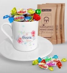 Kişiye Özel Bugün Günlerden Annem Tasarımlı Türk Kahvesi Fincanı Mehmet Efendi Kahve ve Haribo Şeker Hediye Seti-1