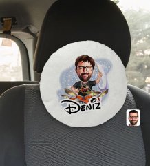 Kişiye Özel İsimli Erkek Baterist Karikatürlü Yuvarlak Araç Koltuk Yastığı-1
