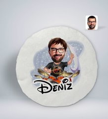 Kişiye Özel İsimli Erkek Baterist Karikatürlü Yuvarlak Araç Koltuk Yastığı-1