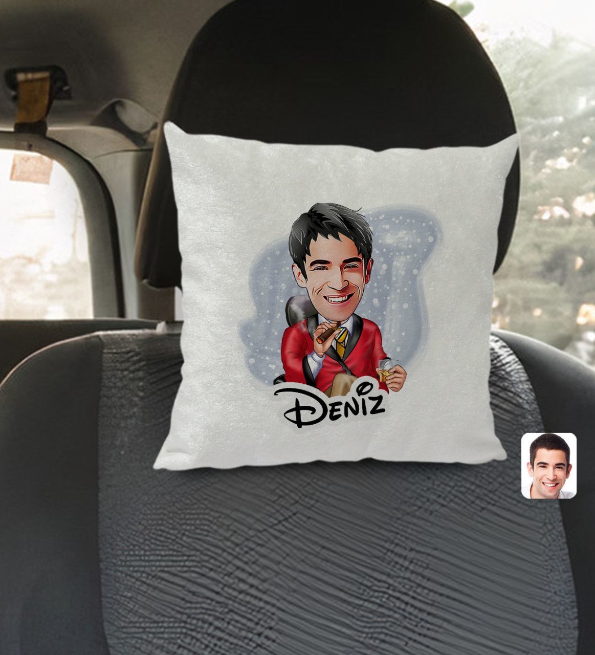 Kişiye Özel İsimli Erkek Patron Karikatürlü Kare Araç Koltuk Yastığı-2