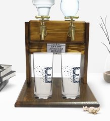 Kişiye Özel Renkli Baskılı Harf Tasarımlı İkili Rakı Bardağı ve Çift Musluklu Doğal Ahşap Rakı Standı-5