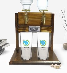 Kişiye Özel Renkli Baskılı Tekirdağ Tasarımlı Turistik İkili Rakı Bardağı ve Çift Musluklu Doğal Ahşap Rakı Standı-1
