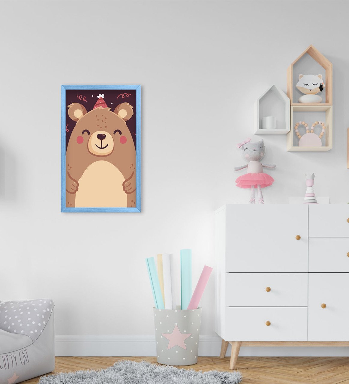BK Home Tatlı Ayıcık Tasarımlı Dekoratif Mavi Ahşap Çerçeveli Çocuk Odası Tablo-6
