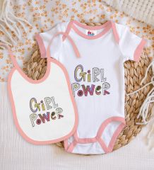 BK Kids Girl Power Tasarımlı Pembe Bebek Body Zıbın ve Mama Önlüğü Hediye Seti-1