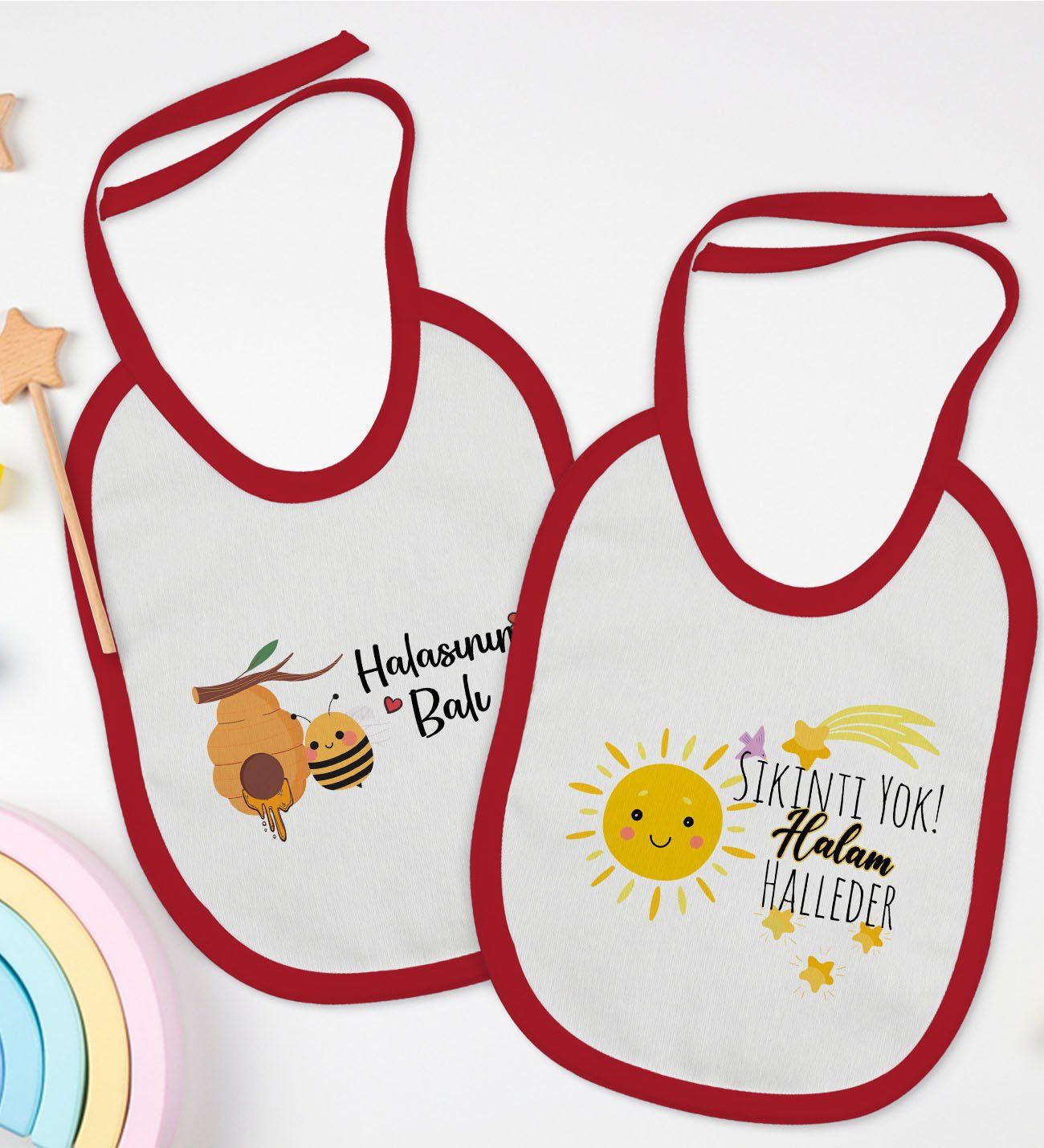 BK Kids Hala Tasarımlı 2’li Kırmızı Mama Önlüğü-1