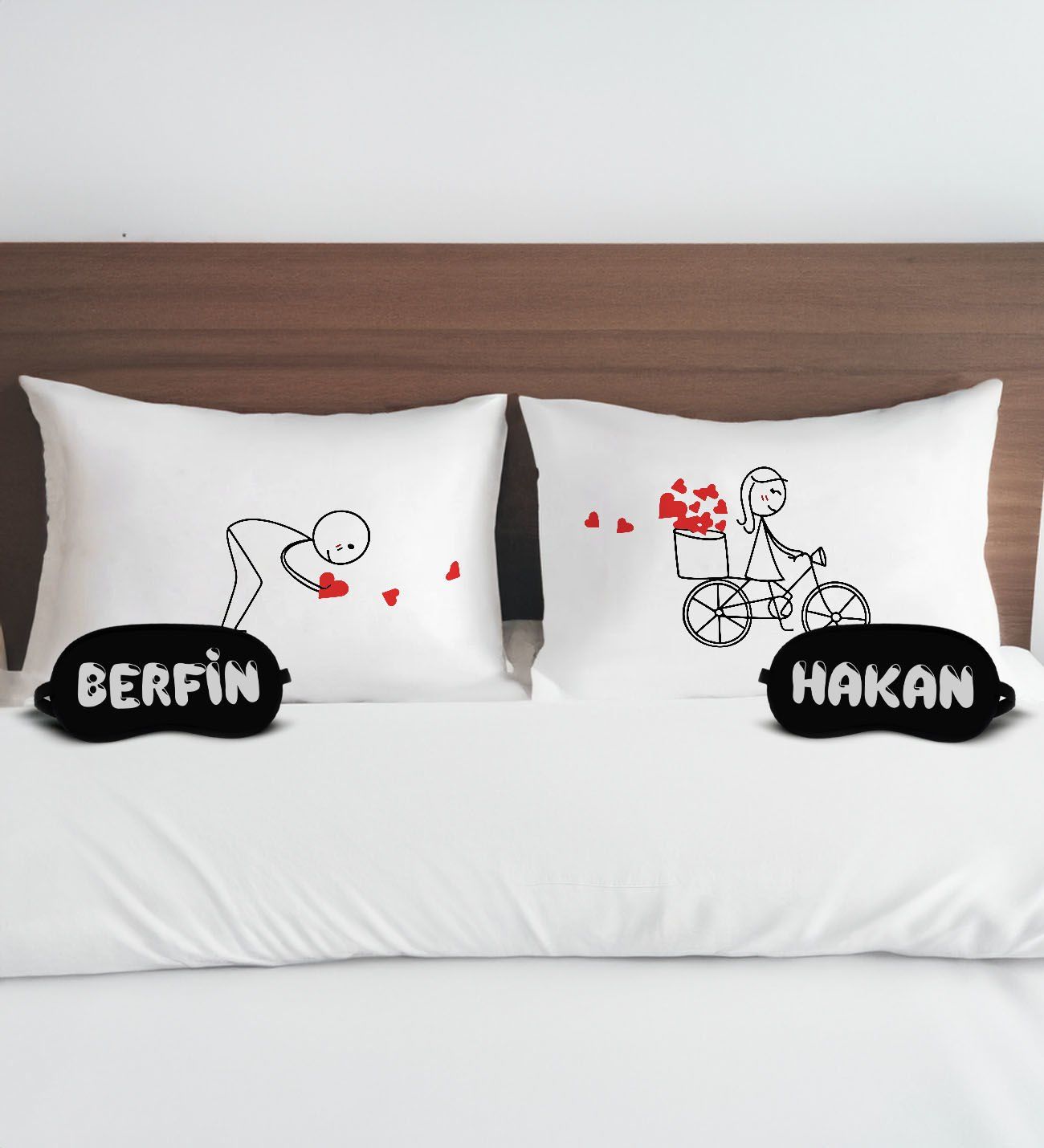 BK Gift Kişiye Özel Sevgili Tasarımlı Pamuklu Yastık Kılıfı ve Göz Bandı Çift Uyku Seti-3, Tasarım Ev Tekstili, Uyku Bandı, Ev Hediyesi