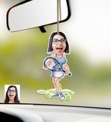 Kişiye Özel Bayan Tenis Oyuncusu Karikatürlü Ahşap Araba Dikiz Ayna Süsü