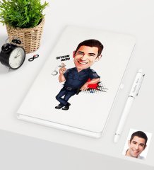 Kişiye Özel Bay Polis Karikatürlü Beyaz Defter Kalem Seti - 2