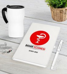 Kişiye Özel Eczane Beyaz Defter Kalem Termos Mug Seti-4