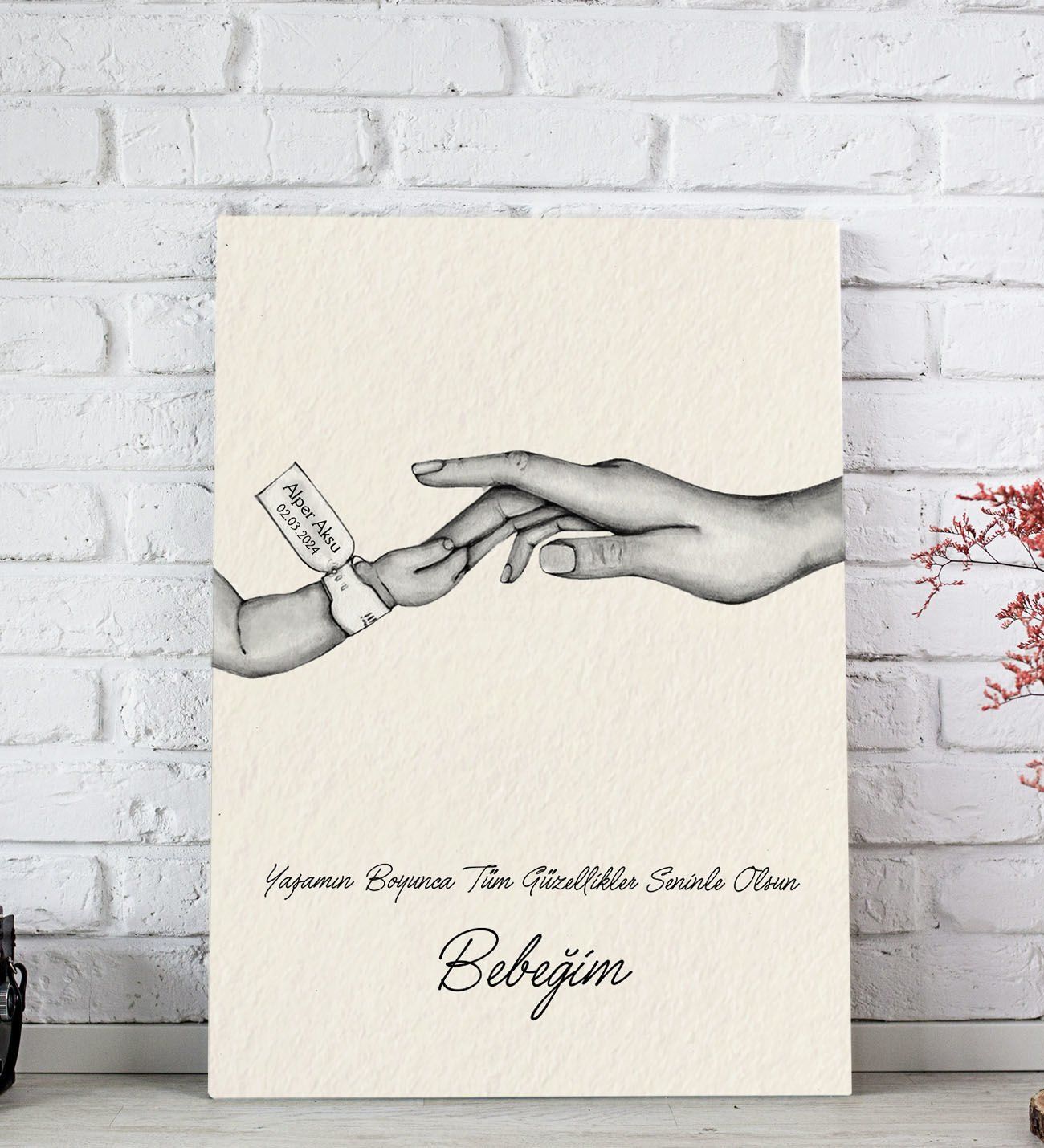 BK Gift Kişiye Özel El Ele Tutuşan Anne-Çocuk Tasarımlı Siyah Beyaz Kanvas Tablo-1 20x30, Anneye Hediye, Yeni Doğum Hediyesi