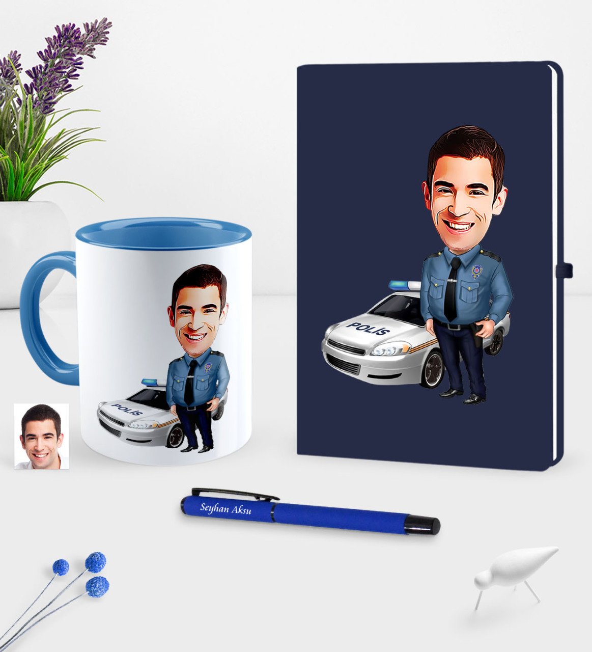 Kişiye Özel Bay Trafik Polisi Karikatürlü Lacivert Defter Kalem Kupa Seti - 2
