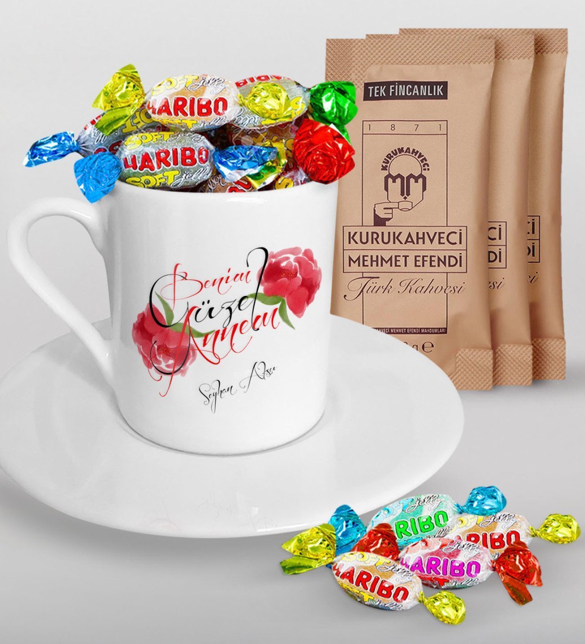 Kişiye Özel Benim Güzel Annem Tasarımlı Türk Kahvesi Fincanı Mehmet Efendi Kahve ve Haribo Şeker Hediye Seti-1