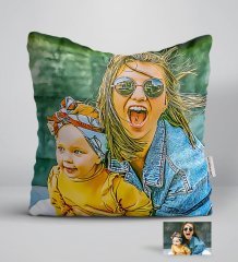 Kişiye Özel Tam Boy Anne Kız Karikatürlü Beyaz Yastık-1