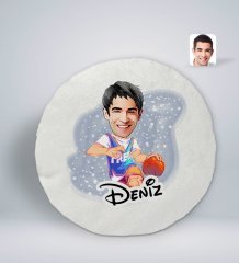 Kişiye Özel İsimli Erkek Basketbolcu Karikatürlü Yuvarlak Araç Koltuk Yastığı-2