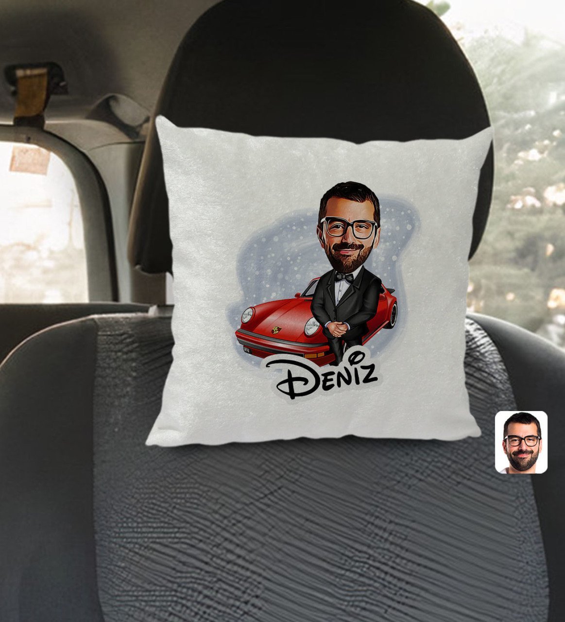 Kişiye Özel İsimli Erkek Patron Karikatürlü Kare Araç Koltuk Yastığı-1