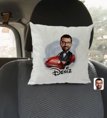 Kişiye Özel İsimli Erkek Patron Karikatürlü Kare Araç Koltuk Yastığı-1
