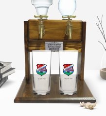 Kişiye Özel Renkli Baskılı Şırnak Tasarımlı Turistik İkili Rakı Bardağı ve Çift Musluklu Doğal Ahşap Rakı Standı-1