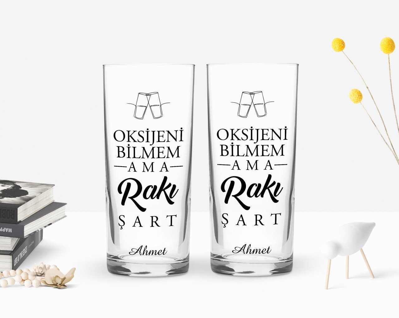 Kişiye Özel Renkli Baskılı Oksijeni Bilmem Ama Tasarımlı İkili Rakı Bardağı Seti-1