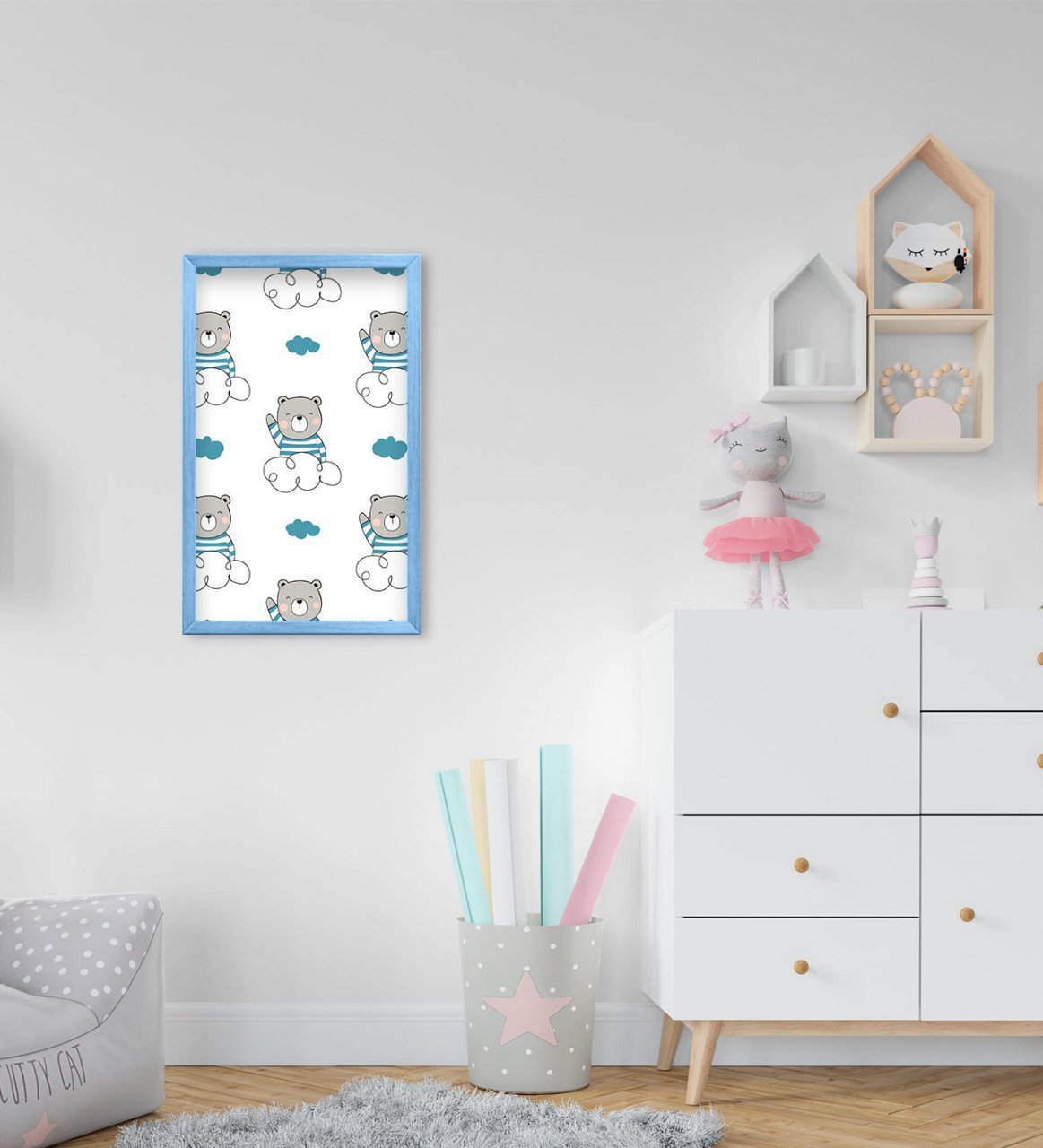 BK Home Tatlı Ayıcık Tasarımlı Dekoratif Mavi Ahşap Çerçeveli Çocuk Odası Tablo-5