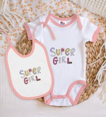 BK Kids Super Girl Tasarımlı Pembe Bebek Body Zıbın ve Mama Önlüğü Hediye Seti-1