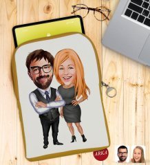 Kişiye Özel Sevgililer Karikatürlü Taşınabilir Koruyucu Tablet Kılıfı & Organizer Çanta - Sarı-100