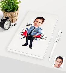 Kişiye Özel Bay Polis Karikatürlü Beyaz Defter Kalem Seti - 1