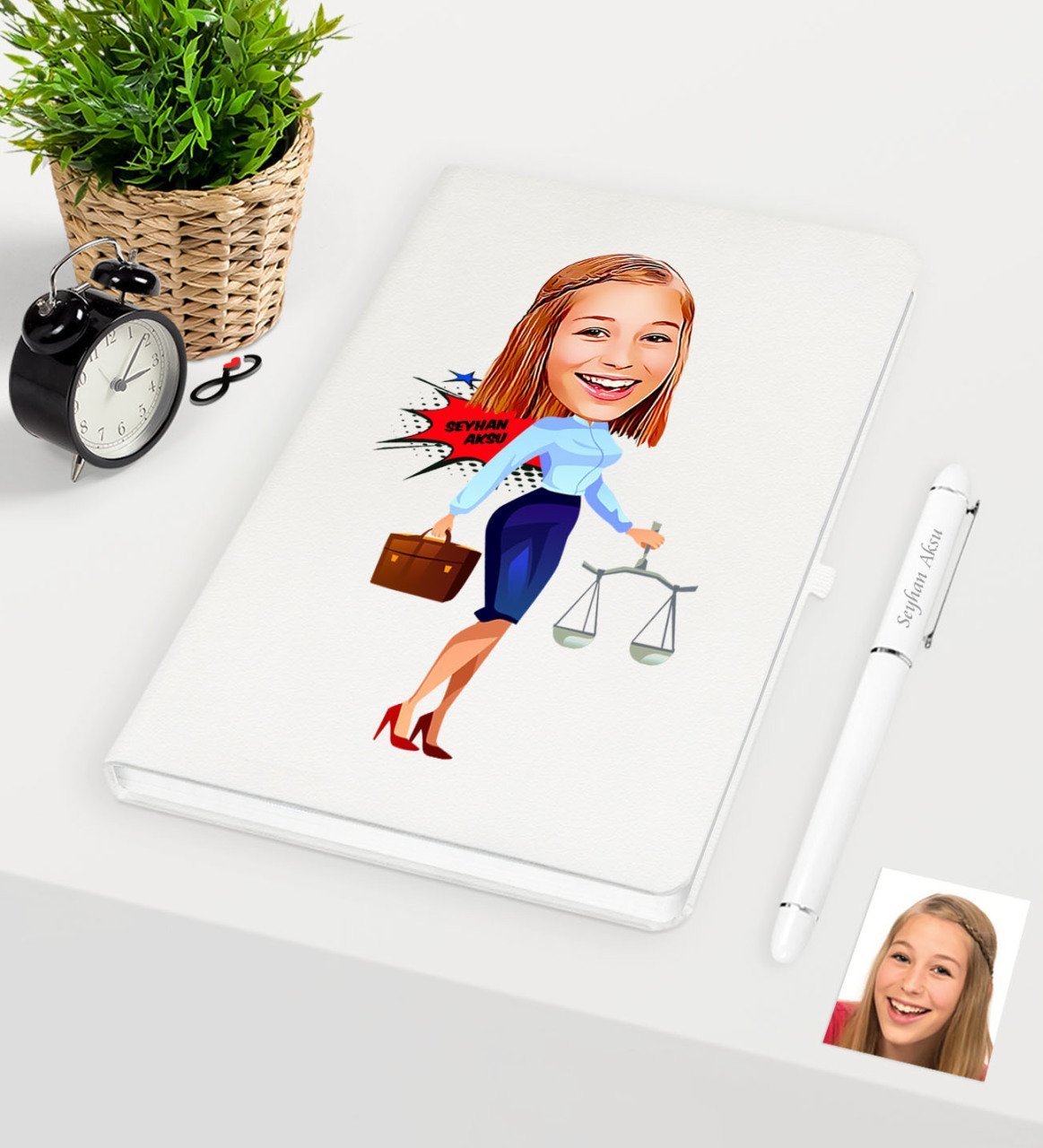 Kişiye Özel Bayan Avukat Karikatürlü Beyaz Defter Kalem Seti - 3