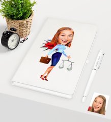 Kişiye Özel Bayan Avukat Karikatürlü Beyaz Defter Kalem Seti - 3