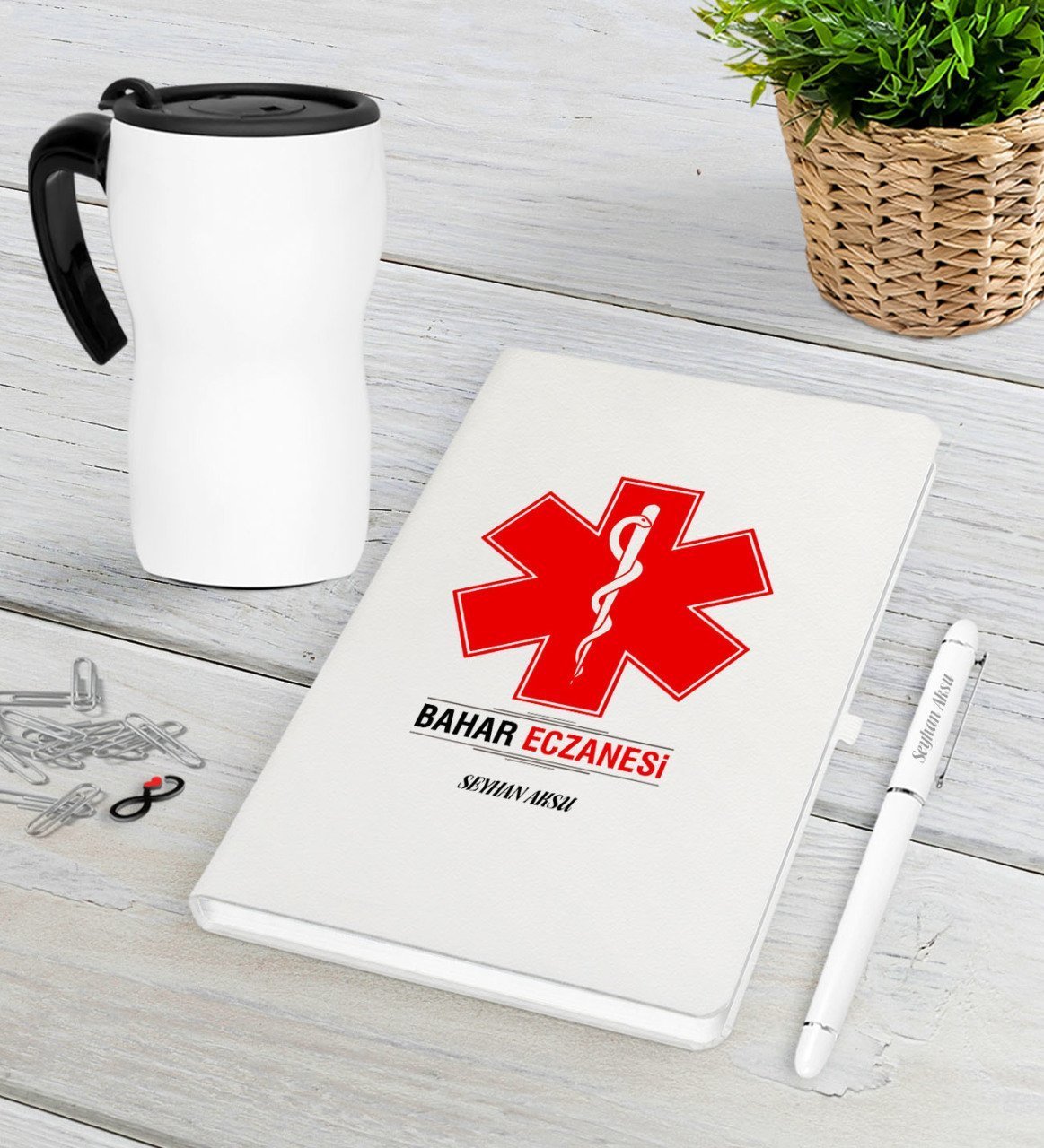 Kişiye Özel Eczane Beyaz Defter Kalem Termos Mug Seti-3