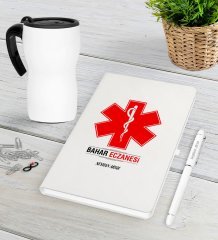Kişiye Özel Eczane Beyaz Defter Kalem Termos Mug Seti-3