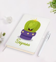 Kişiye Özel İsimli Kaktüs Tasarımlı Beyaz Defter ve Kalem Seti-10