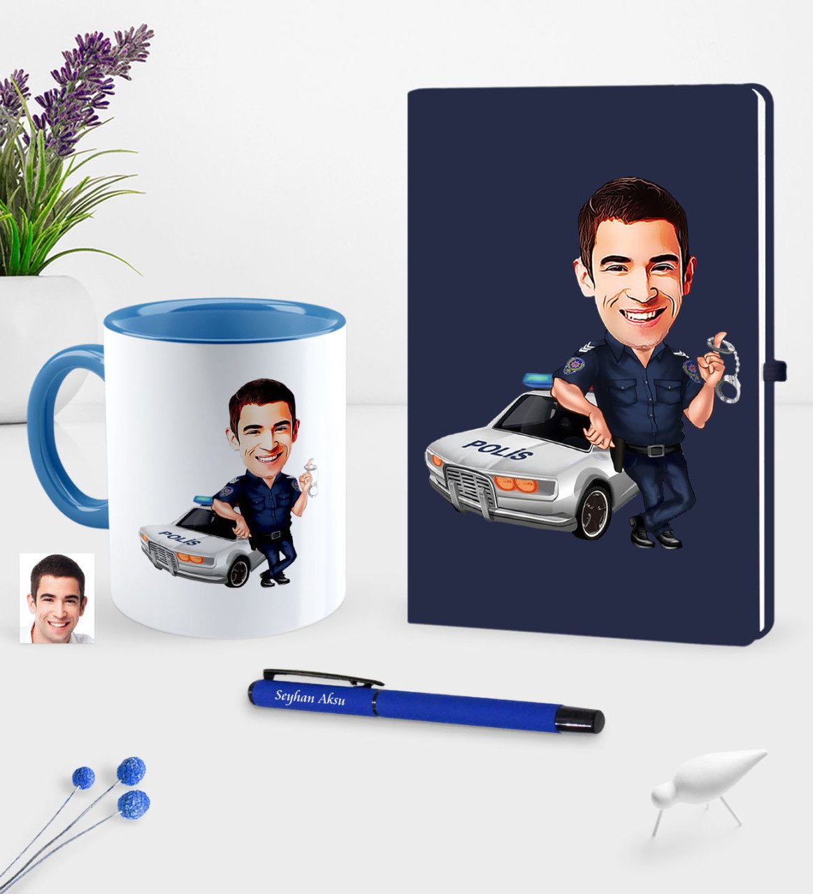 Kişiye Özel Bay Trafik Polisi Karikatürlü Lacivert Defter Kalem Kupa Seti - 1